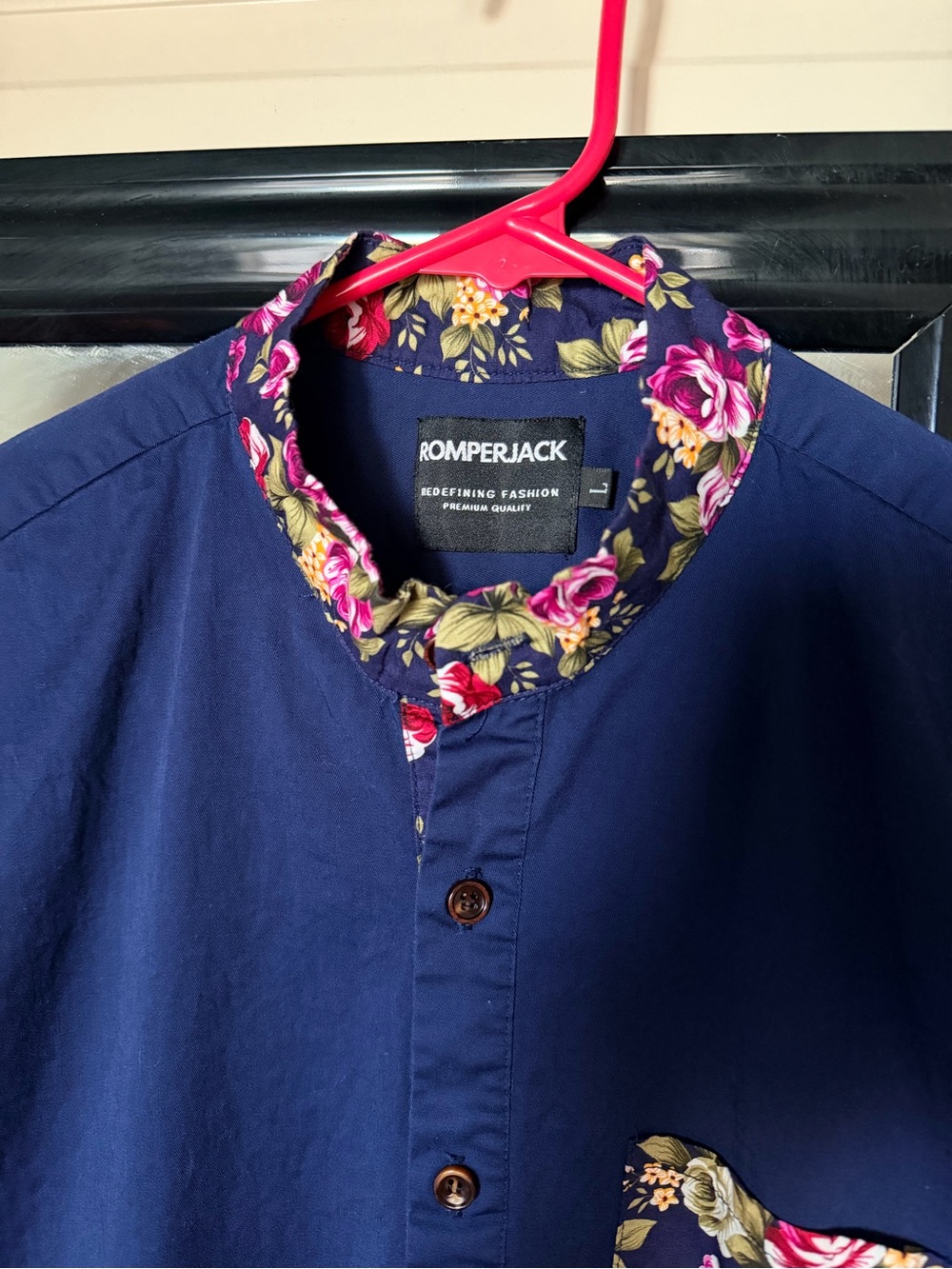 RomperJack Navy Floral-Trim Mandarin Shirt